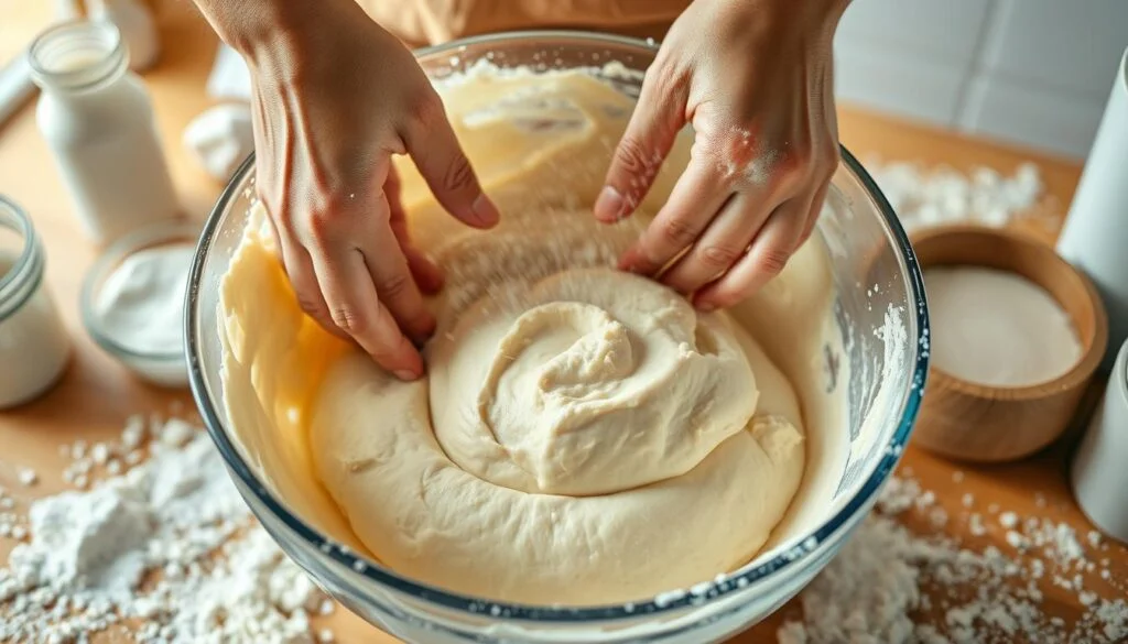 mixing dinner roll dough