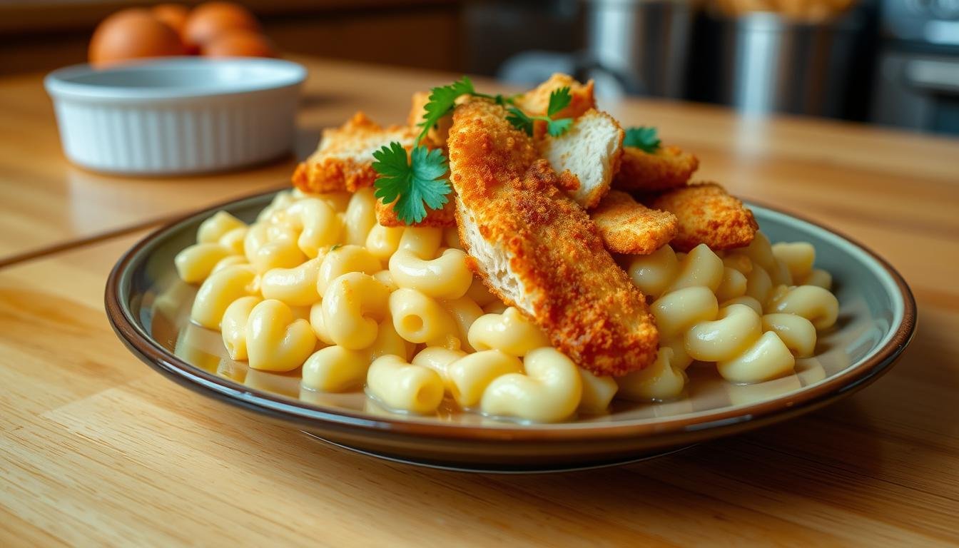 sliced fried chicken on mac