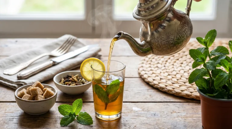 Moroccan mint tea being poured from a traditional teapot into a glass with fresh mint and lemon on a rustic wooden table